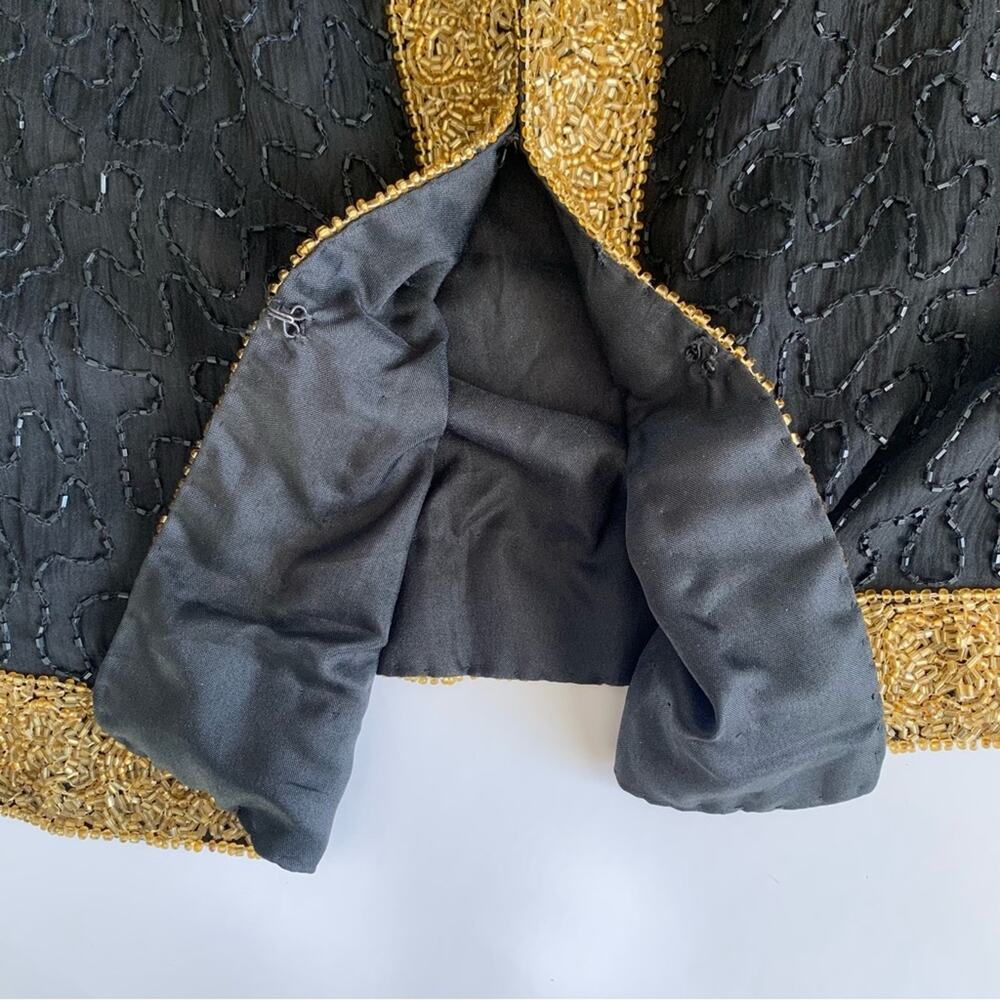 Laurence Kazar Vintage Black Gold Beaded Cocktail Silk Jacket Size Petite Small - Picture 6 of 7